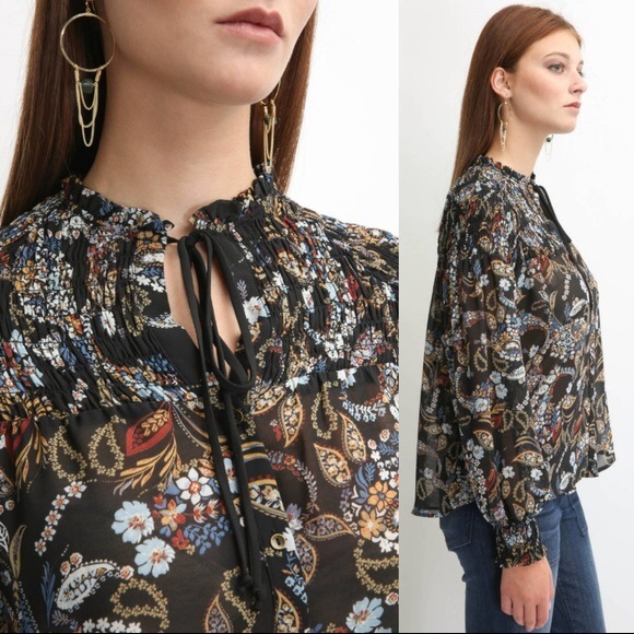 Wayf "Russell" Boho Paisley Smocked Chiffon‎ Blouse - Picture 1 of 9
